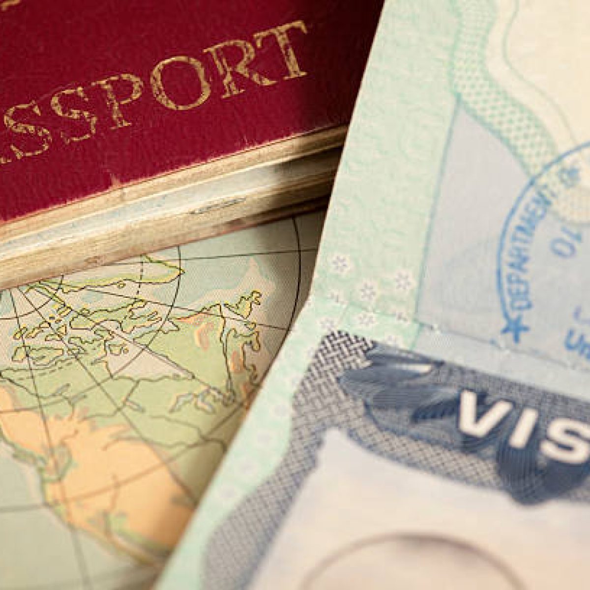 “US visa, vintage map and passport background” "US visa, vintage map and passport background"
